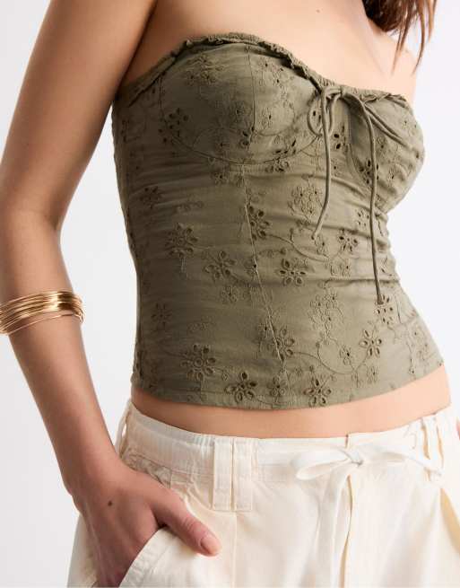 Stradivarius – Bustier-Oberteil in Khaki mit Korsett-Design, 3 von 4