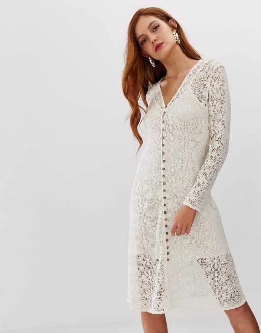 Stradivarius button front crochet dress in beige ASOS