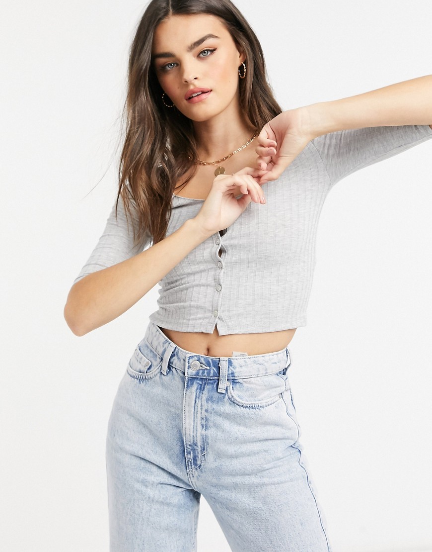 Stradivarius button front jersey top in gray-Black