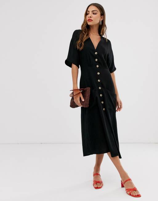 Stradivarius button front midi dress in black