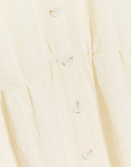 stradivarius button front midi dress Stradivarius button front midi dress with puff sleeves in white