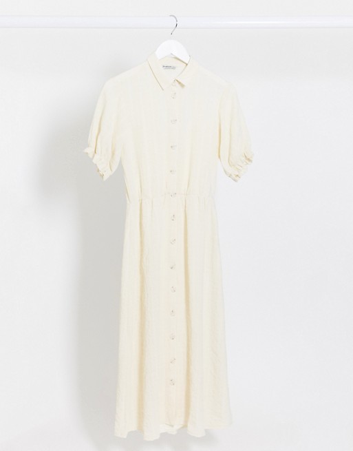 Stradivarius button front midi dress with puff sleeves in white