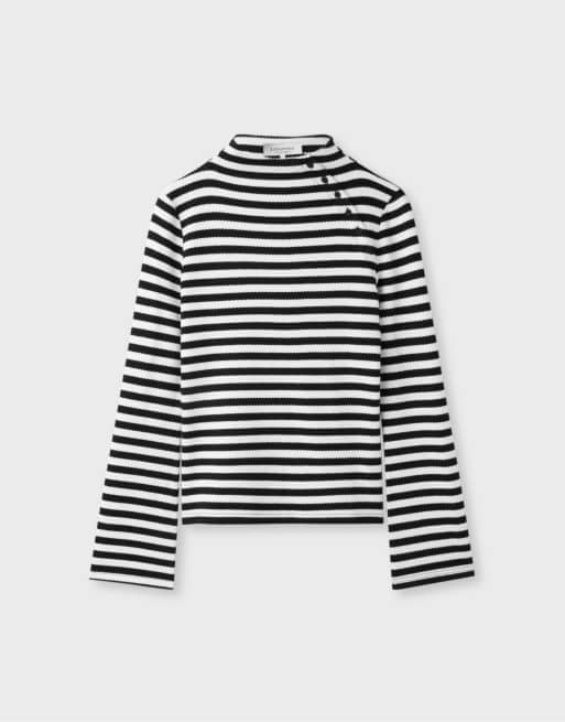 Stradivarius Button funnel neck sweater in black, 6 of 7