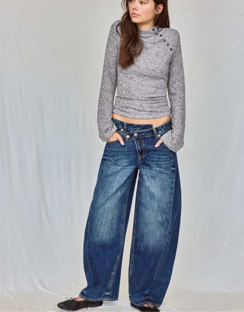 Stradivarius Button funnel neck sweater in grey melange - view 1