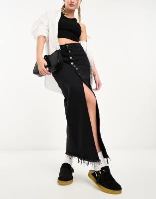 button through denim midi skirt in black