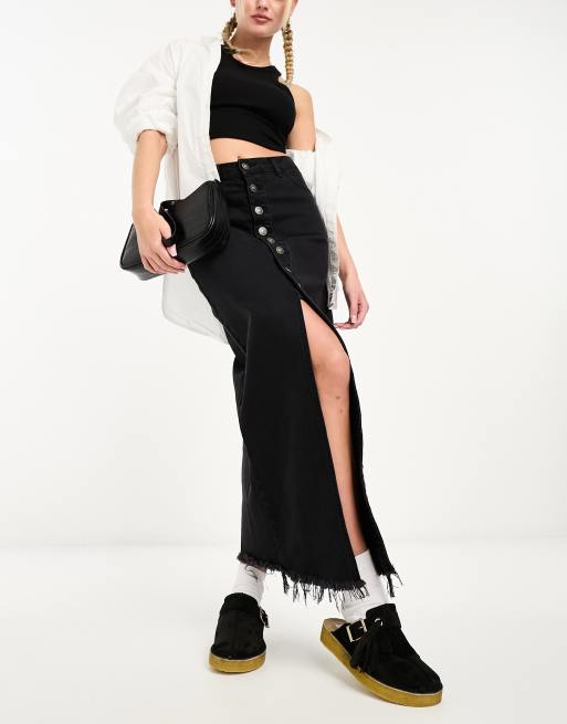 Stradivarius button through denim midi skirt in black ASOS