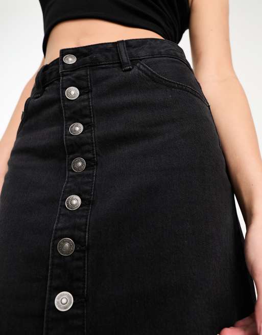 Stradivarius button through denim midi skirt in black ASOS