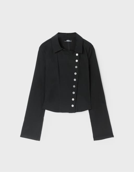 Stradivarius Button-up crossover shirt in black, 6 of 7