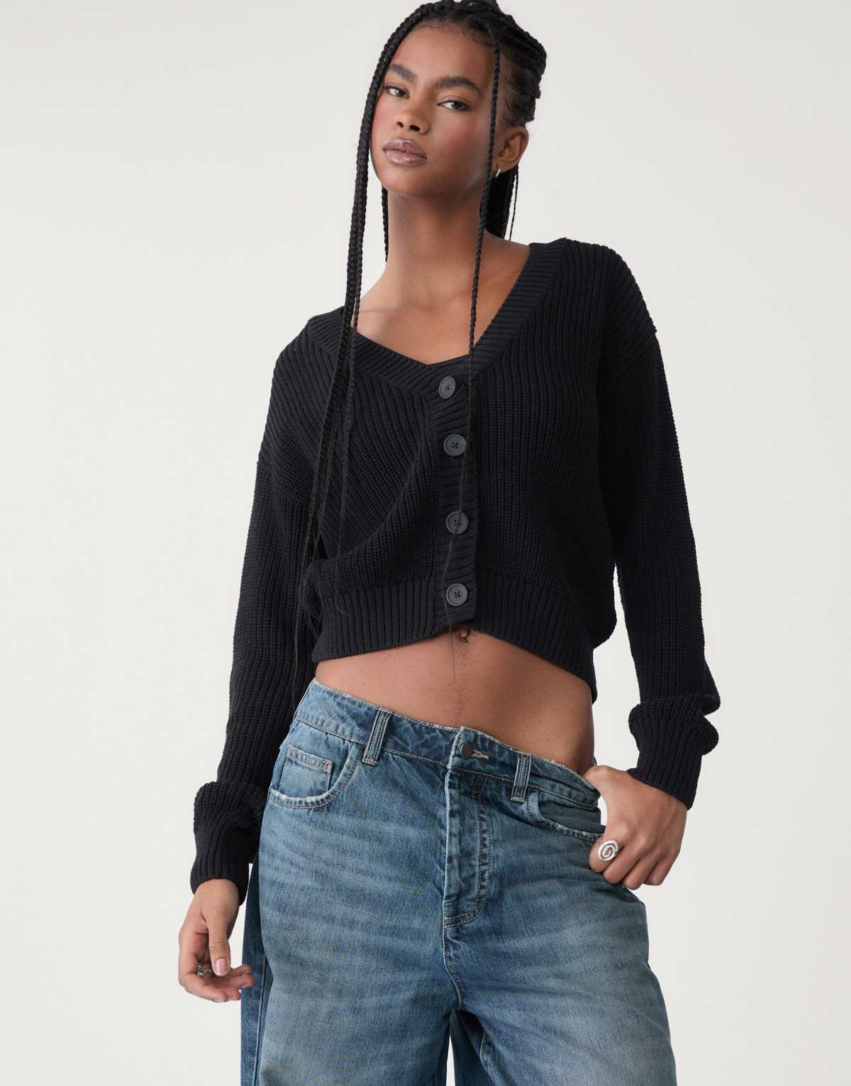Stradivarius button up knit cardigan in black
