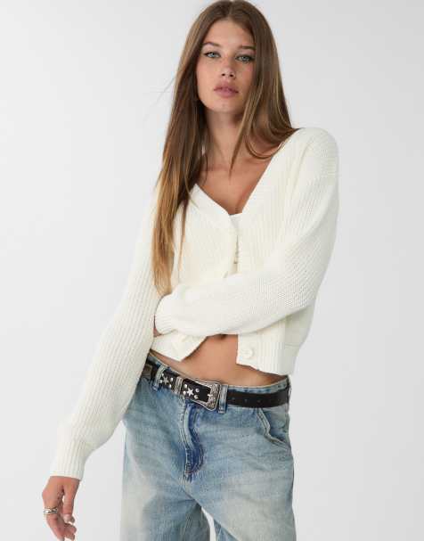 Stradivarius button up knit cardigan in ecru - view 1