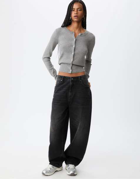 Stradivarius Button-up knit cardigan in grey melange