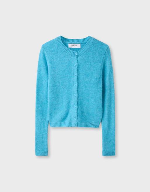 Stradivarius Button-up knit cardigan in turquoise, 6 of 7