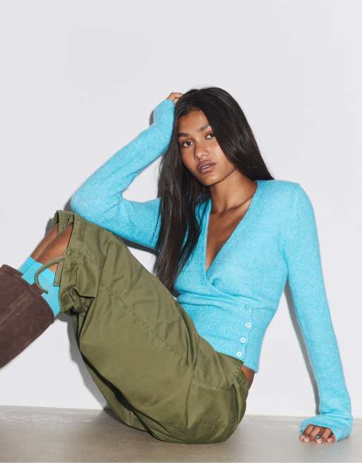 Stradivarius Button-up wrap knit cardigan in turquoise, 2 of 5