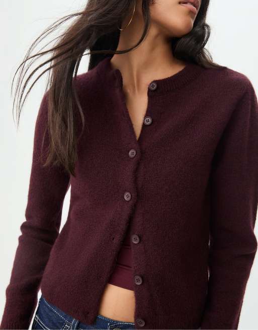 Stradivarius Buttoned knit jacket in burgundy, 2 of 4