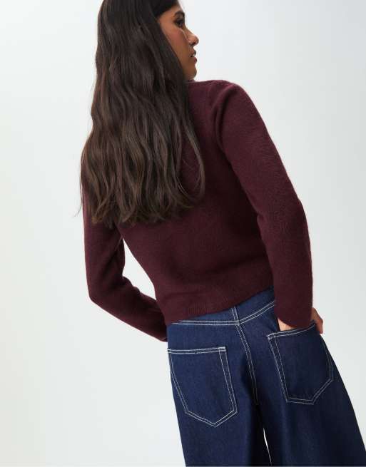 Stradivarius Buttoned knit jacket in burgundy, 3 of 4