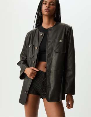 Stradivarius Buttoned Leather Effect Blazer In Black