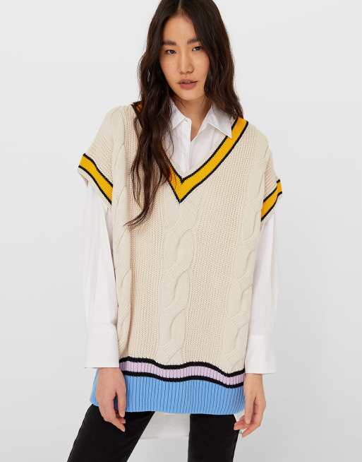 Stradivarius Cable Knit Cricket Vest In Ecru Asos