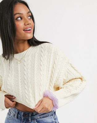 Stradivarius cable knitted super cropped sweater in gray