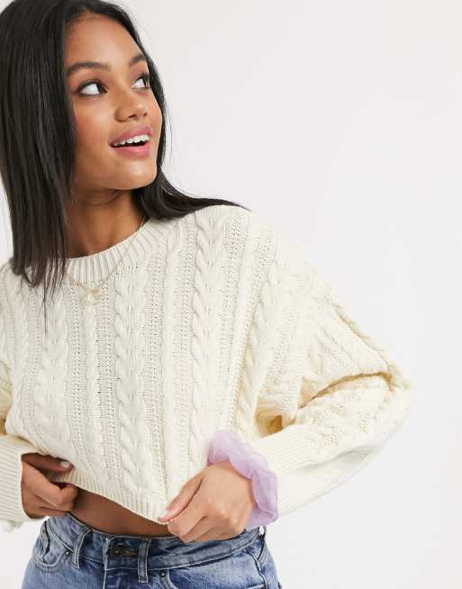 Stradivarius cable knit crop sweater in ecru