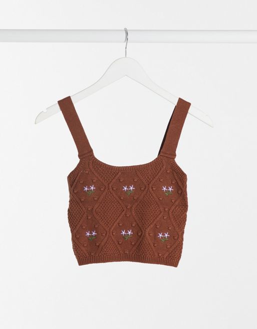 Stradivarius cable knit embroidered cami and cardigan co-ord in brown, 2 of 3