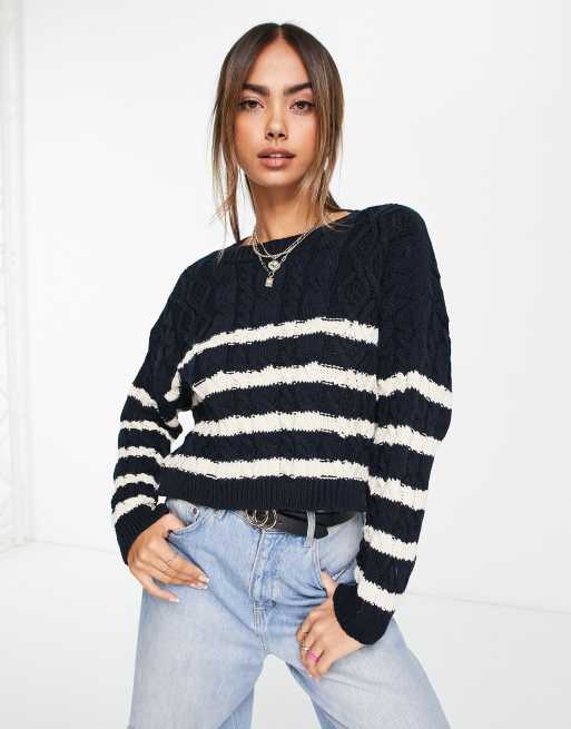 Stradivarius cable knit jumper in stripe | ASOS