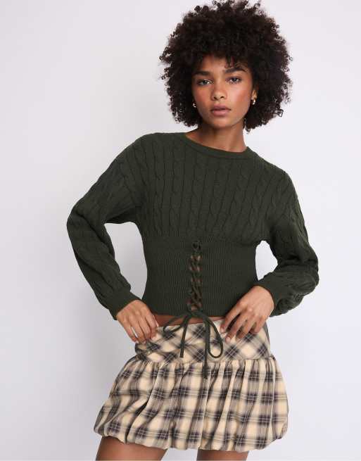 Stradivarius Cable-knit jumper with tie detail in khaki, 2 of 7