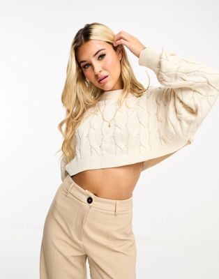 Stradivarius cable knit super cropped jumper in beige | ASOS