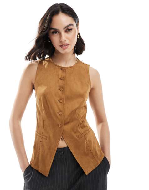 Stradivarius faux suede waistcoat in camel