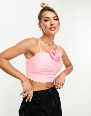 Stradivarius ruched mesh top in pink