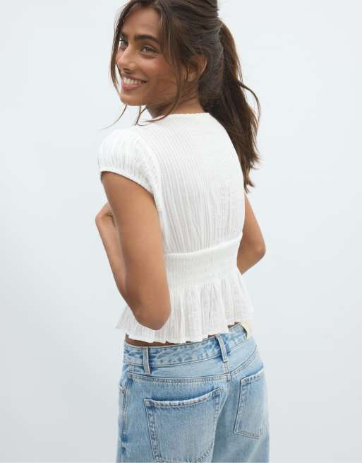 Stradivarius - Camicia a maniche corte arricciata bianca, 2 di 4