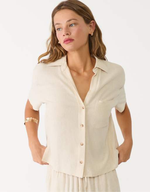 Stradivarius - Camicia a maniche corte color pietra in misto lino