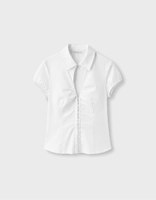 Stradivarius camicia a maniche corte cut-out bianca, 6 di 7