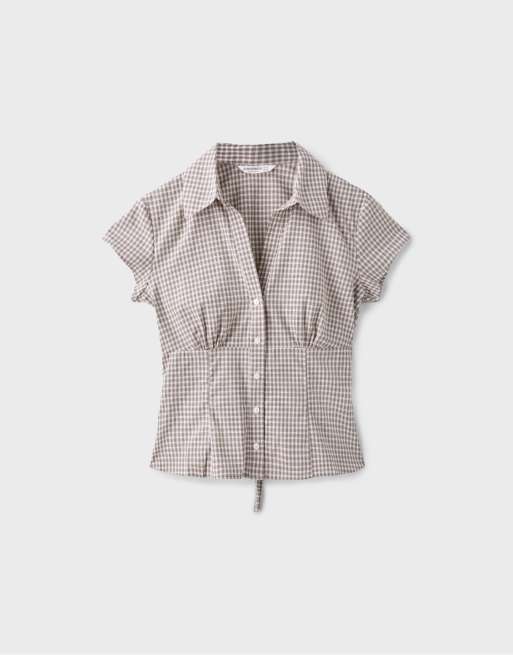 Stradivarius - Camicia a maniche corte kaki con cucitura sotto il seno, 6 di 7