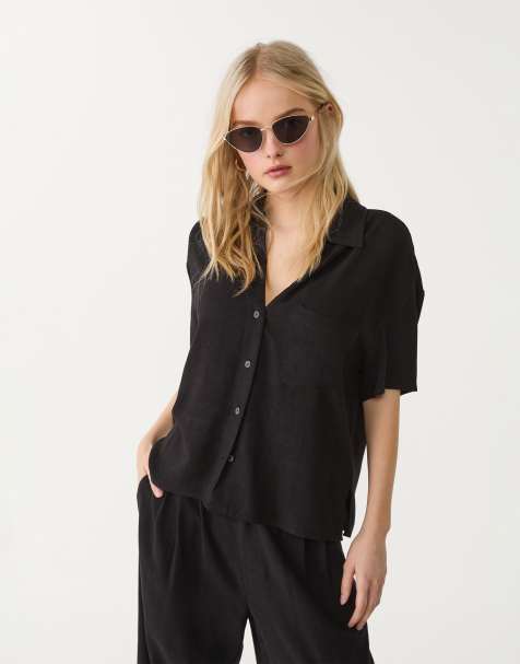 Stradivarius - Camicia a maniche corte nera in misto lino - view 1