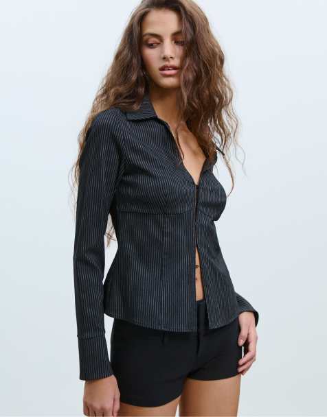 Stradivarius - Camicia a maniche lunghe aderente nera a righe - view 1