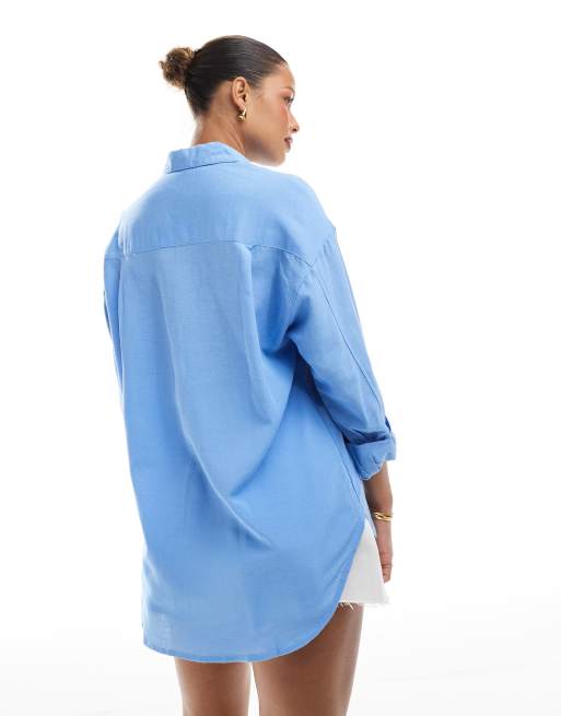 Stradivarius Camicia a maniche lunghe blu effetto lino ASOS