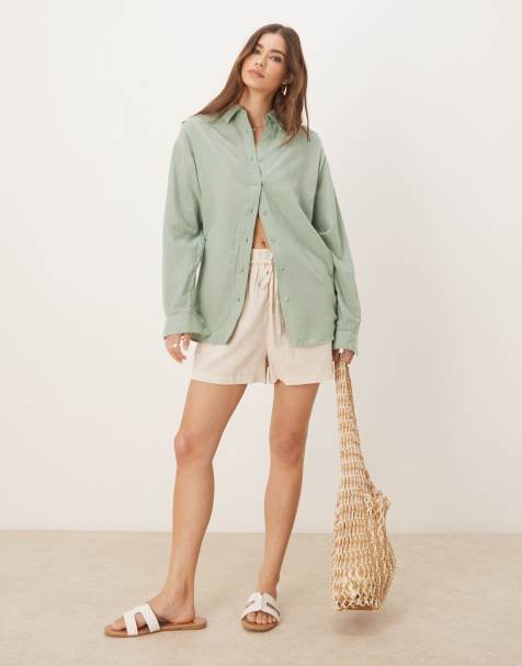 Stradivarius - Camicia a maniche lunghe effetto lino kaki - view 1