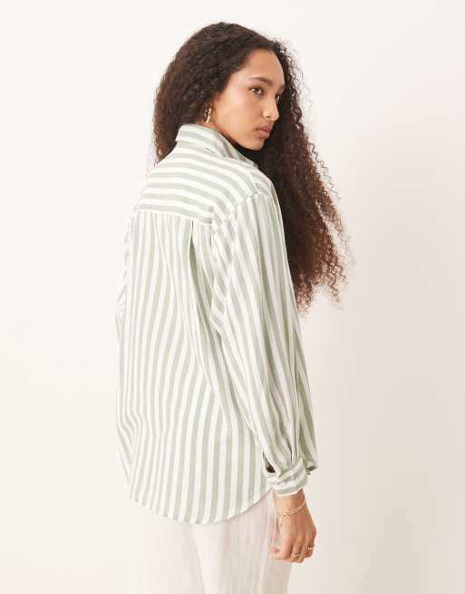 Stradivarius - Camicia a maniche lunghe effetto lino verde chiaro a righe, 4 di 4