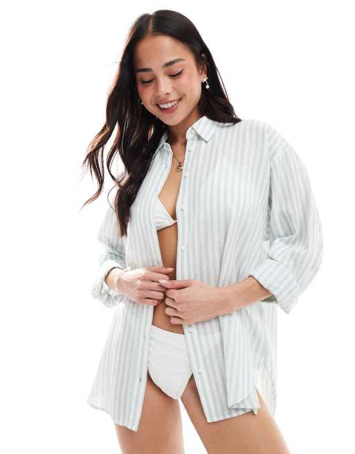 Stradivarius - Camicia a maniche lunghe effetto lino verde salvia a righe