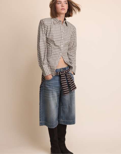Stradivarius camicia a quadri con spalle imbottite beige - view 1