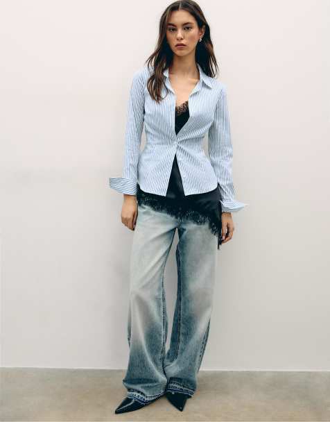 Stradivarius - Camicia aderente basic nera a righe - view 1