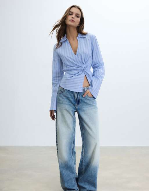 Stradivarius - Camicia aderente celeste con nodo, 3 di 4