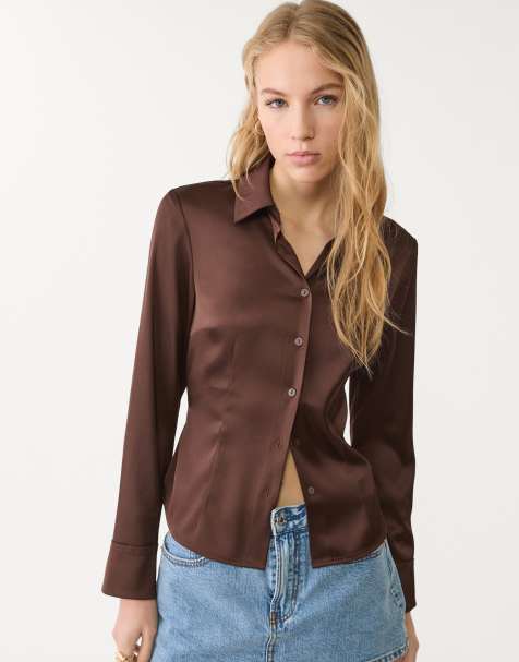 Stradivarius - Camicia aderente in raso marrone - view 1