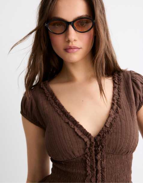 Stradivarius - Camicia arricciata a maniche corte marrone - view 1