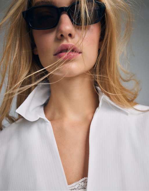 Stradivarius camicia balloon in tessuto misto bianca, 4 di 7
