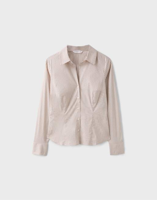 Stradivarius - Camicia basic aderente a righe color vaniglia, 6 di 7