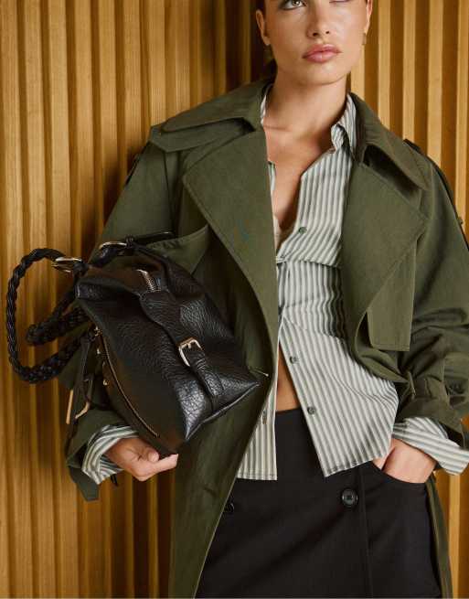 Stradivarius - Camicia basic aderente a righe kaki, 4 di 7