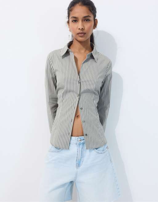 Stradivarius - Camicia basic aderente a righe kaki, 5 di 7
