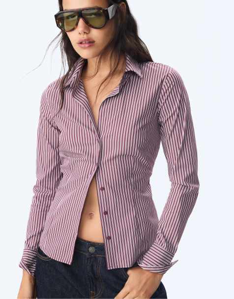 Stradivarius - Camicia basic aderente viola a righe - view 1