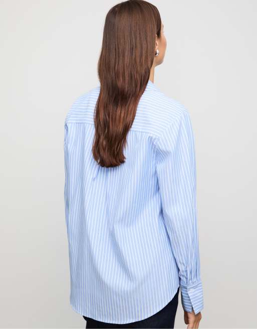 Stradivarius - Camicia basic in popeline a righe blu denim con tasca, 3 di 4